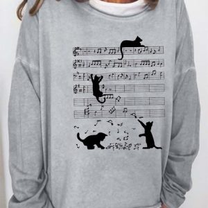 Women Cat Music Printing Loose Casual Sweatshirt, Hoodies&Sweatshirts, Lilicloth.com