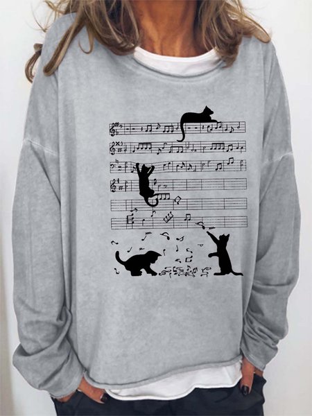 Women Cat Music Printing Loose Casual Sweatshirt, Hoodies&Sweatshirts, Lilicloth.com
