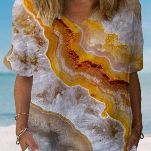 Women's Short Sleeve Blouse Summer Geometric Crew Neck Daily Going Out Casual Top, JustFashionNow Blouses, color:Yellow|size:XXL,