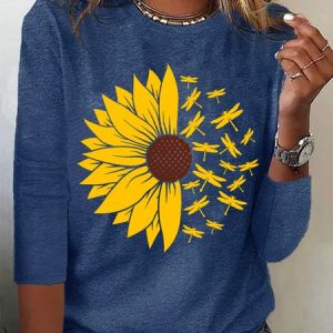Women Dragonfly Cotton-Blend Simple Sunflower Long sleeve Long sleeve Top, Long sleeves, Lilicloth.com