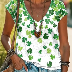 Women's St. Patrick's Day Clover Print V-neck T-shirt, T-shirts, Lilicloth.com