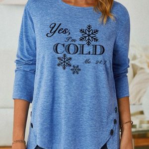 Women I’m Cold Letters Cotton Casual Top, Long sleeves, Lilicloth.com