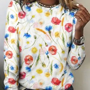 Casual Spring Floral Art Print Crew Neck Long Sleeve T-shirt, T-shirts, color:White|size:5XL, catalog Noracora shop