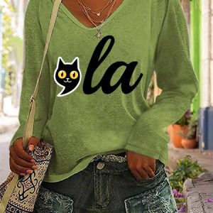 La Cat V Neck Casual Long Sleeve, Long sleeves, Lilicloth.com