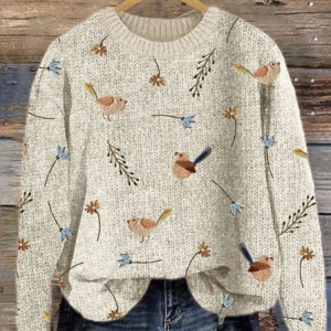 Women's Bird and Floral Print Crewneck Knit Sweatshirt, Sweaters, Lilicloth.com