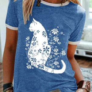 Women's Cat Flower Print Casual T-Shirt, T-shirts, Lilicloth.com