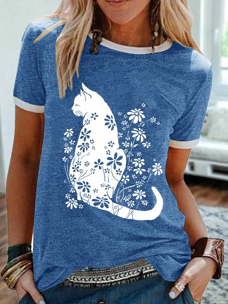 Women's Cat Flower Print Casual T-Shirt, T-shirts, Lilicloth.com