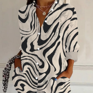 Shirt Collar Long Sleeve Striped Regular Loose Shirt For Women, Blouses, color:As Picture|size:XXL, catalog Noracora shop