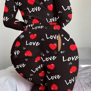 Heart Letter Print Functional Buttoned Flap Sleep Onesie, women Pajama Rompers & Jumpsuits, ChicMe catalog