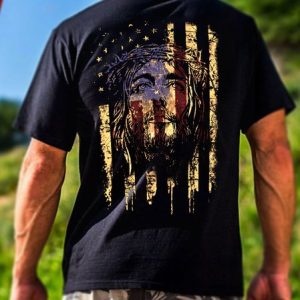 Men's Casual American Flag Jesus Back Print T-Shirt, T-shirts, Lilicloth.com