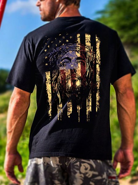 Men's Casual American Flag Jesus Back Print T-Shirt, T-shirts, Lilicloth.com