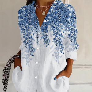 Shirt Collar Long Sleeve Floral Buckle Regular Loose Button Up Shirt Shirt For Women, Blouses, color:As Picture|size:3XL, catalog Noracora shop