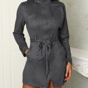 Zipper Front Pocket Design Belted Dress, women Long Sleeves Dresses, ChicMe catalog