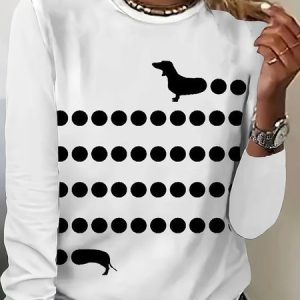 Dog Loose Casual Knitted T-Shirt, Long sleeves, Lilicloth.com