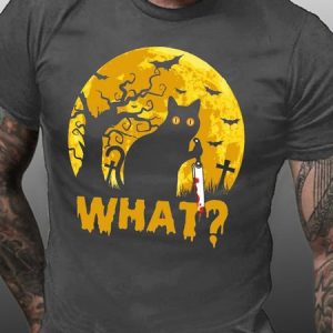 Men's Halloween Black Cat What Funny Cotton Casual T-Shirt, T-shirts, Lilicloth.com