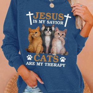 Women's Funny Jesus Is My Savior Cats Are My Therapy Cat Graphic Graphic Text Letters Sweatshirt, Hoodies&Sweatshirts, Lilicloth.com