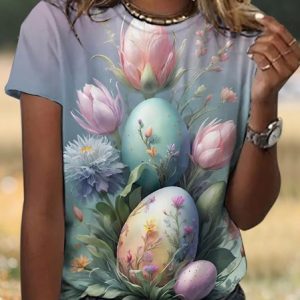 Casual Easter Eggs Floral Crew Neck Short Sleeve T-shirt, T-shirts, color:Light Purple|size:4XL, catalog Noracora shop