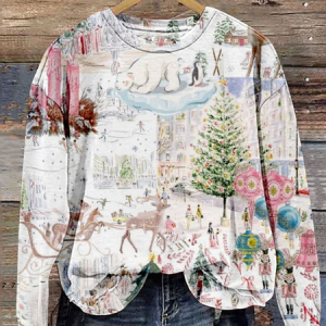 Retro Contrast Color Christmas Art Casual Print Sweatshirt, Hoodies&Sweatshirts, Lilicloth.com