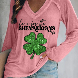 Cotton V Neck Four-Leaf Clover Casual T-Shirt, Long sleeves, Lilicloth.com