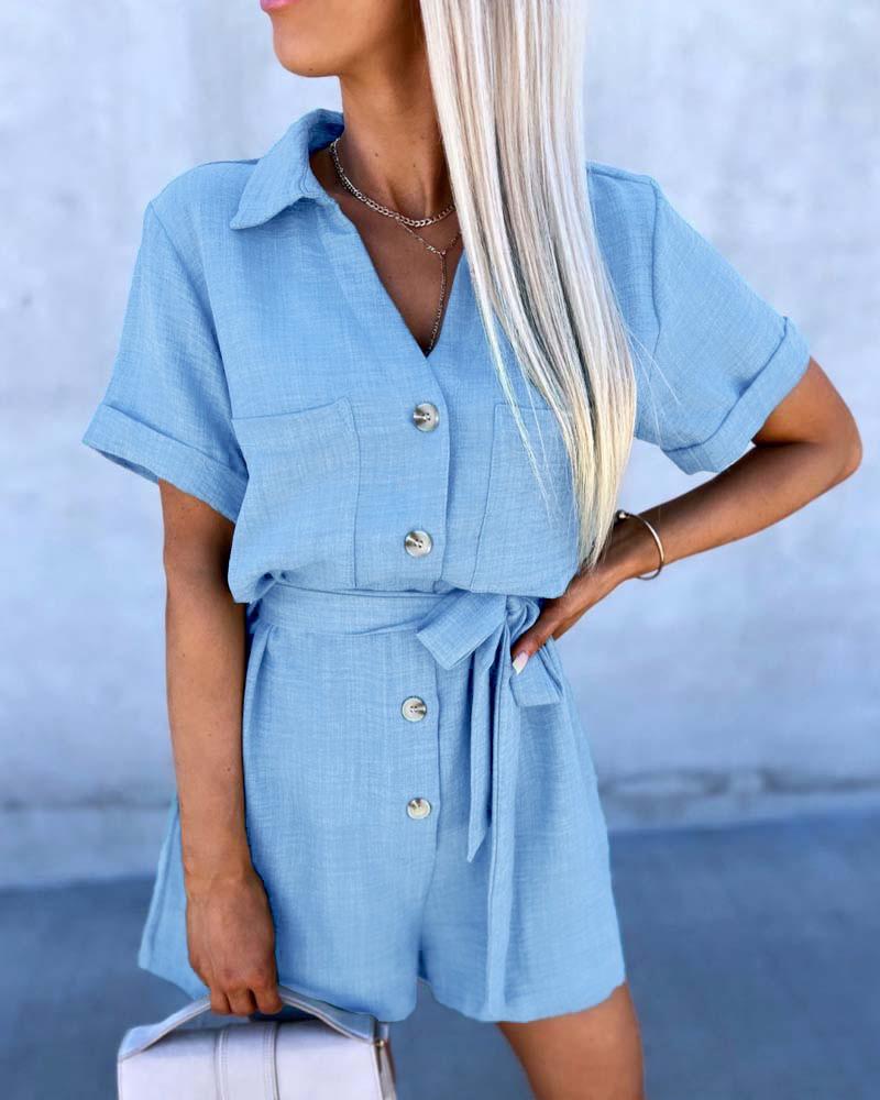 Turn-down Collar Short Sleeve Above Knee Jumpsuit Tied Detail Front Button Rompers, women Two-piece Sets, ChicMe catalog