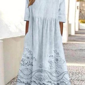 Women 3D Printing Crew Neck Half Sleeve Comfy Vintage Maxi Dress, Dresses, color:Light Blue|size:4XL, catalog Noracora shop