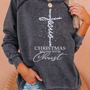 Womens Jesus christmas begins with christ Casual Crew Neck Sweatshirt, Hoodies&Sweatshirts, Lilicloth.com