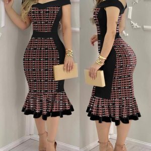 Houndstooth Print Off Shoulder Bodycon Dress Ruffle Hem Vintage Mid-length Dress, women Bodycon Dresses, ChicMe catalog
