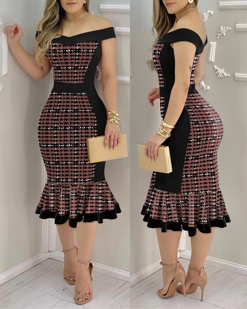 Houndstooth Print Off Shoulder Bodycon Dress Ruffle Hem Vintage Mid-length Dress, women Bodycon Dresses, ChicMe catalog