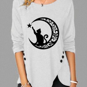 Casual Retro Moon Print Crew Neck Long Sleeve Shirt, Long sleeves, Lilicloth.com