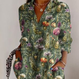 Shirt Collar Long Sleeve Floral Print Regular Fit Shirt For Women, Shirts, color:Green|size:5XL, catalog Noracora shop