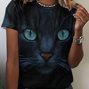 Women's Blue Cat Funny Art Print Casual Loose Crew Neck Cat T-Shirt, T-shirts, Lilicloth.com