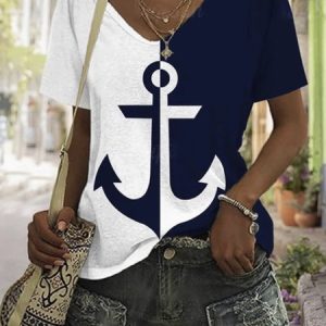 Vintage Multicolor Block V Neck Short Sleeve T-shirt, T-shirts, color:Purplish Blue|size:4XL, catalog Noracora shop
