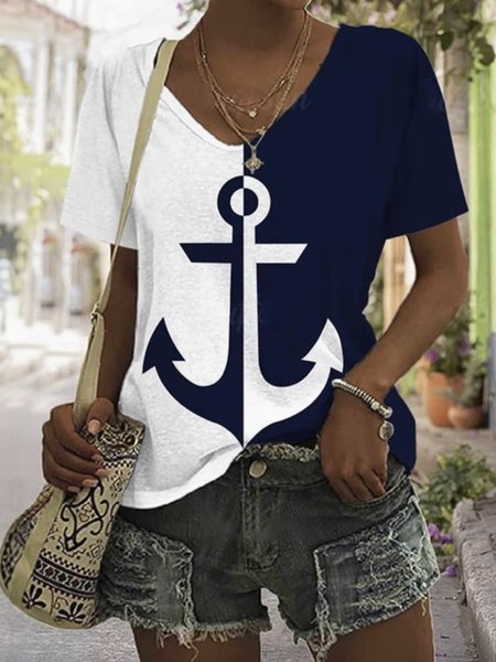 Anchor print color blocked short sleeved T-shirt, T-shirts, Lilicloth.com