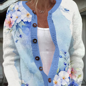 Knitted Crew Neck Floral Casual Cardigan, Cardigans, Lilicloth.com