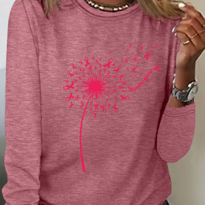 Dandelion Breast Cancer Never Giver Up Casual Long Sleeve Shirt, Long sleeves, Lilicloth.com
