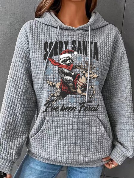 Funny Raccoon With Santa Claus Retro Christmas Simple Loose Hoodie, Hoodies&Sweatshirts, Lilicloth.com