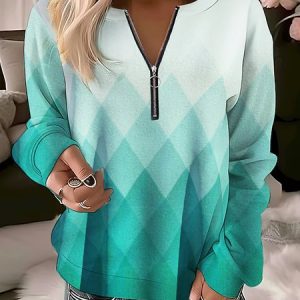 Gradient Geometric Round Neck Casual Zipper Sweatshirt, Hoodies&Sweatshirts, Lilicloth.com