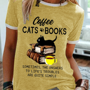 Women's Books Cat Coffee Vintage Print Simple Crew Neck T-Shirt, T-shirts, Lilicloth.com