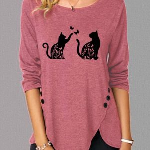 Casual Simple Print Crew Neck Long Sleeve Shirt, Long sleeves, Lilicloth.com