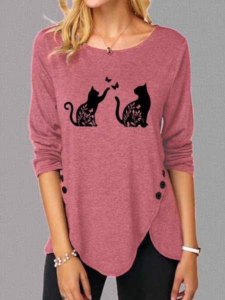 Casual Simple Print Crew Neck Long Sleeve Shirt, Long sleeves, Lilicloth.com