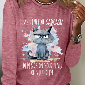 My Level Of Sarcasm Angry Cat Casual Long Sleeve Shirt, Long sleeves, Lilicloth.com