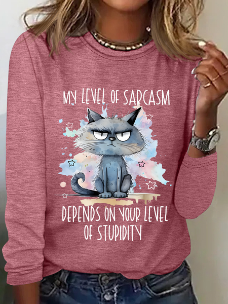 My Level Of Sarcasm Angry Cat Casual Long Sleeve Shirt, Long sleeves, Lilicloth.com