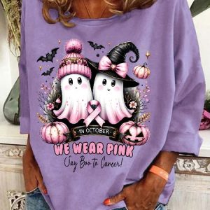 In October We Wear Pink Ghost Breast Cancer Awareness Casual Sweatshirt, Hoodies&Sweatshirts, Lilicloth.com