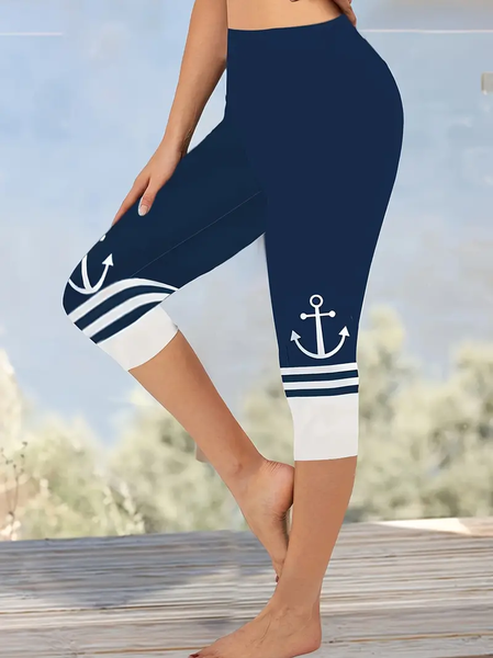 Women's Trousers Elastic Waist Legging Daily Going Out Casual Printing Anchor Summer Pants, JustFashionNow Leggings, color:Purplish Blue|size:XXL,