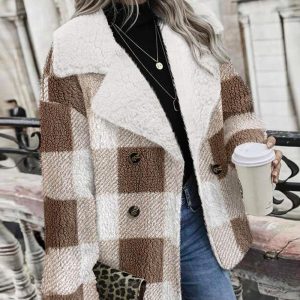 Plaid Print Double Breasted Teddy Coat, women Jackets & Coats, ChicMe catalog