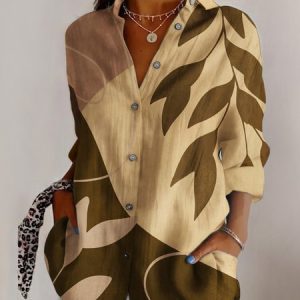 Women's Long Sleeve Shirt Spring/Fall Geometric Cotton Shirt Collar Daily Going Out Casual Top, JustFashionNow Blouses, color:Apricot|size:5XL,