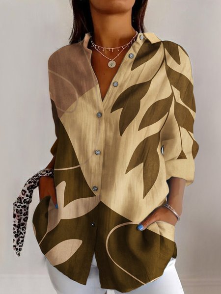 Women's Long Sleeve Shirt Spring/Fall Geometric Cotton Shirt Collar Daily Going Out Casual Top, JustFashionNow Blouses, color:Apricot|size:5XL,