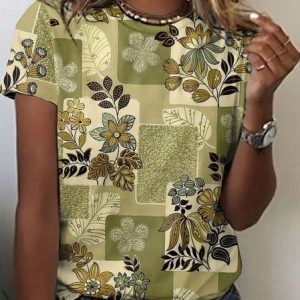 Casual Geometric Crew Neck Short Sleeve T-shirt, T-shirts, color:Lightgreen|size:4XL, catalog Noracora shop