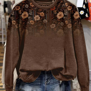 Women's Crew Neck Floral Printing Casual Spring/Fall Long Sleeve Sweatshirt, JustFashionNow Sweatshirts & Hoodies, color:Brown|size:XXL,