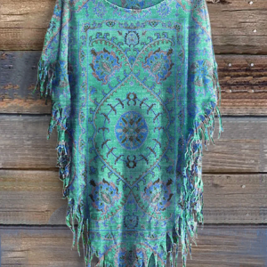 Women's Vintage Floral Totem Print Punk Hippie Batwing Tussle Fringes Poncho T-Shirt, T-shirts, Lilicloth.com